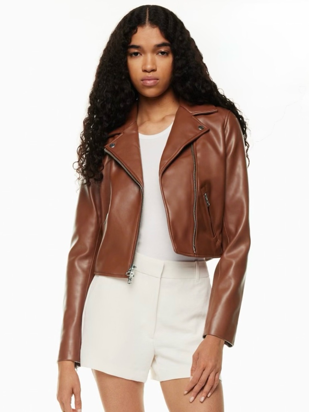 ARITZIA | Wilfred Stunner Vegan Leather Moto Jacket in Cinnamon Brown